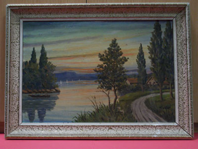 Huile sur panneau Paysage bord de rivire